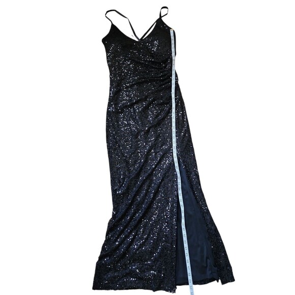 Eliza J Deep V High Slit Maxi Dress Womens 16 Dark Romantic Black Sequin Glam - Picture 9 of 9